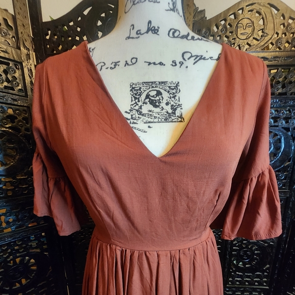 V Neck Midi Summer Bojo Brick Red Dress - Picture 4 of 4